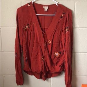 Red/Orange Tie Front Flouncy Long Sleeve Top